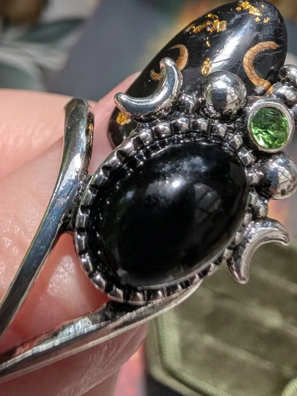 Retro Celestial Silver Tone Ring w/ Faux Onyx, Rhinestone & Moon Details, Size 7